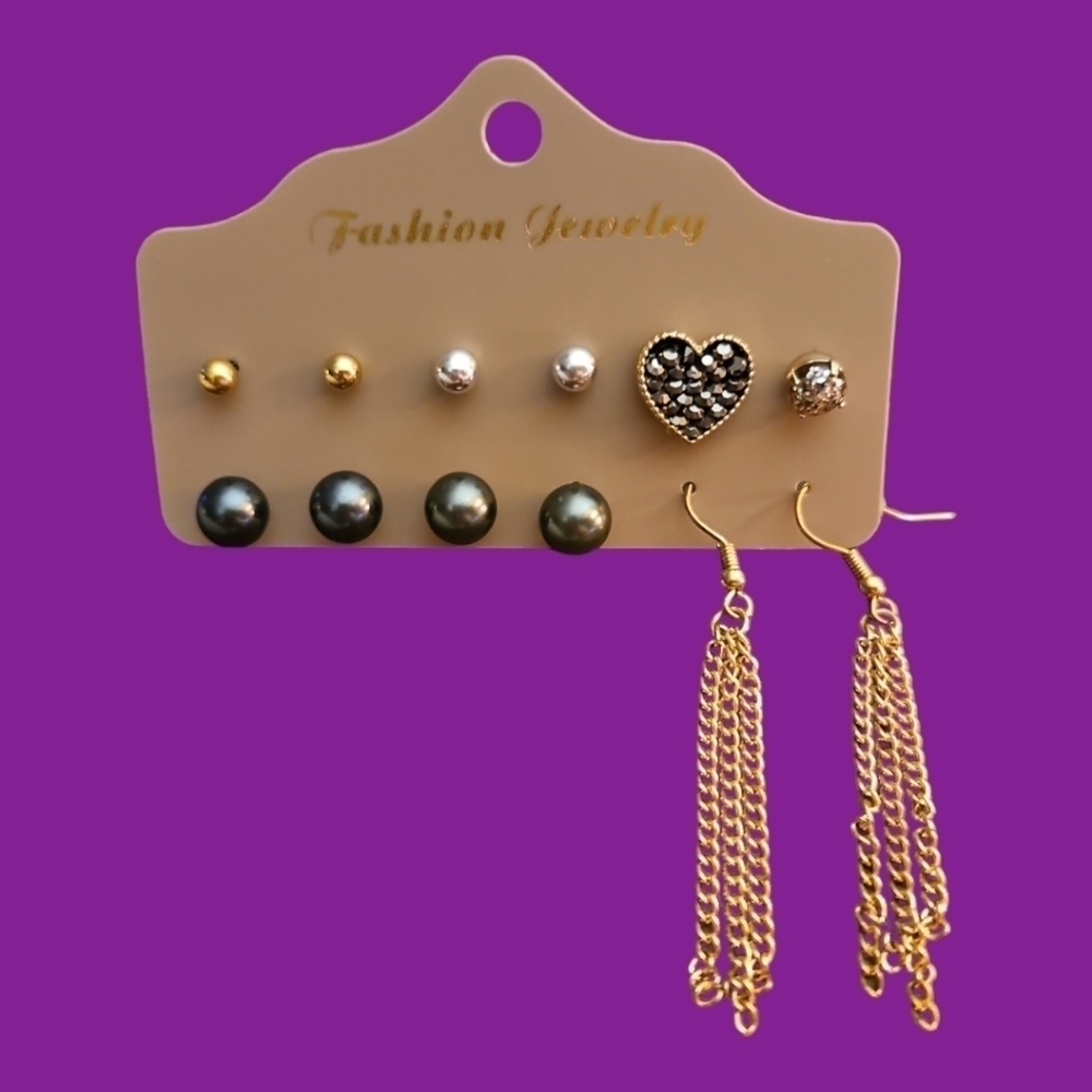 3/$30 Vtg Gray and Silvertone Ball Heart Post Earrings and Dangle Chain Earrings